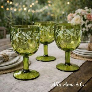 Vintage Bartlett Collins Olive Green Goblets Set of 3 – Etched Grape Pattern
